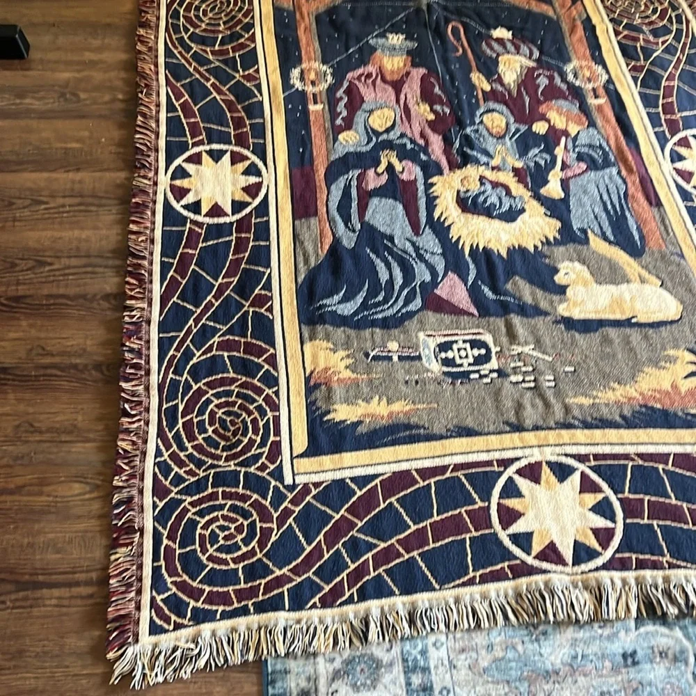 Vintage Tapestry Throw with Nativity Scene Fringed Trim 46X64”